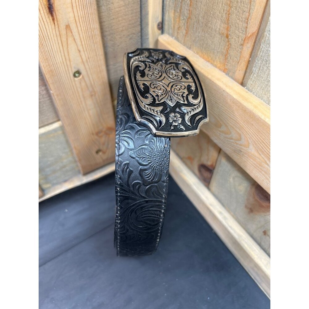 Haband Black Embossed Leather Belt Ornate Silver Buckle Genuine Bonded Leather M
